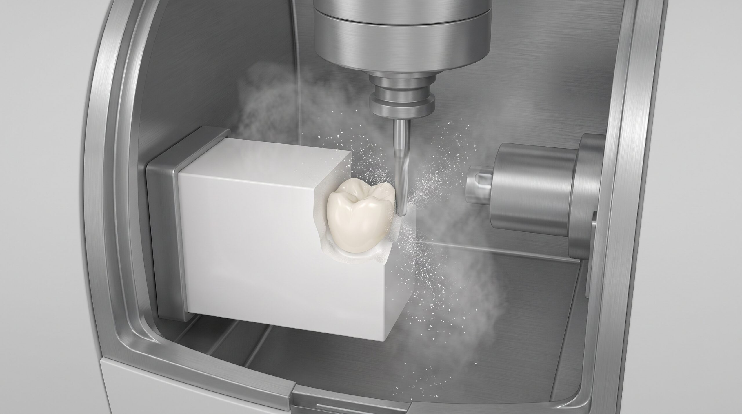 CAD/CAM 밀링 장비가 세라믹 블록을 깎아 크라운을 제작하는 3D 일러스트